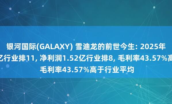 银河国际(GALAXY) 雪迪龙的前世今生: 2025年营收13.98亿行业排11， 净利润1.52亿行业排8， 毛利率43.57%高于行业平均